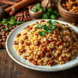 A vibrant and appetizing plate of Mujadara Burghul, featuring perfectly cooked bulgur wheat mixed with caramelized onions and lentils