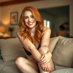 A beautiful white woman with fiery red hair sitting sensually in a cozy home setting