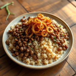 A delicious plate of bulgur with brown lentils, garnished with crispy fried onions on top