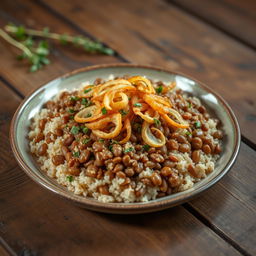 A delicious plate of bulgur with brown lentils, garnished with crispy fried onions on top