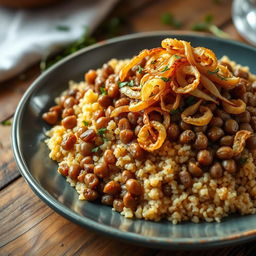 A delicious plate of bulgur with brown lentils, garnished with crispy fried onions on top
