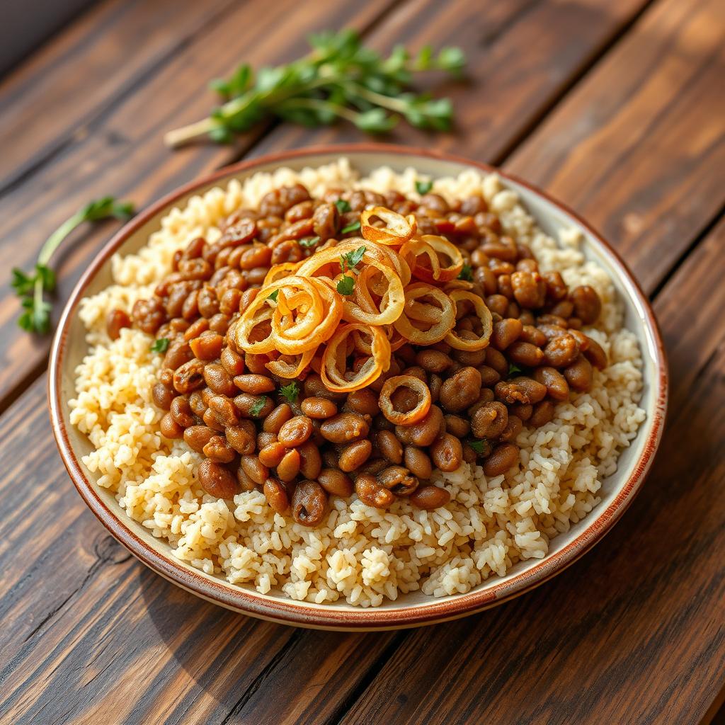 A delicious plate of bulgur with brown lentils, garnished with crispy fried onions on top