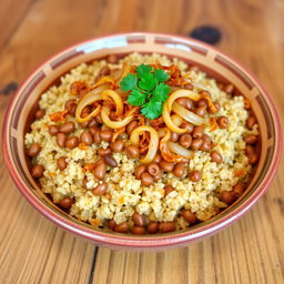 A delicious plate of cooked bulgur wheat mixed with brown lentils and topped with crispy fried onions