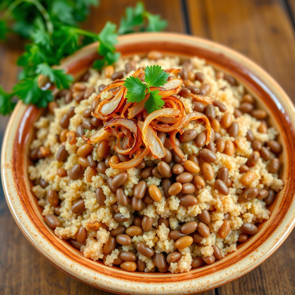 A delicious plate of cooked bulgur wheat mixed with brown lentils and topped with crispy fried onions