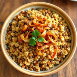 A delicious plate of cooked bulgur wheat mixed with brown lentils and topped with crispy fried onions