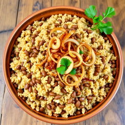 A delicious plate of cooked bulgur wheat mixed with brown lentils and topped with crispy fried onions