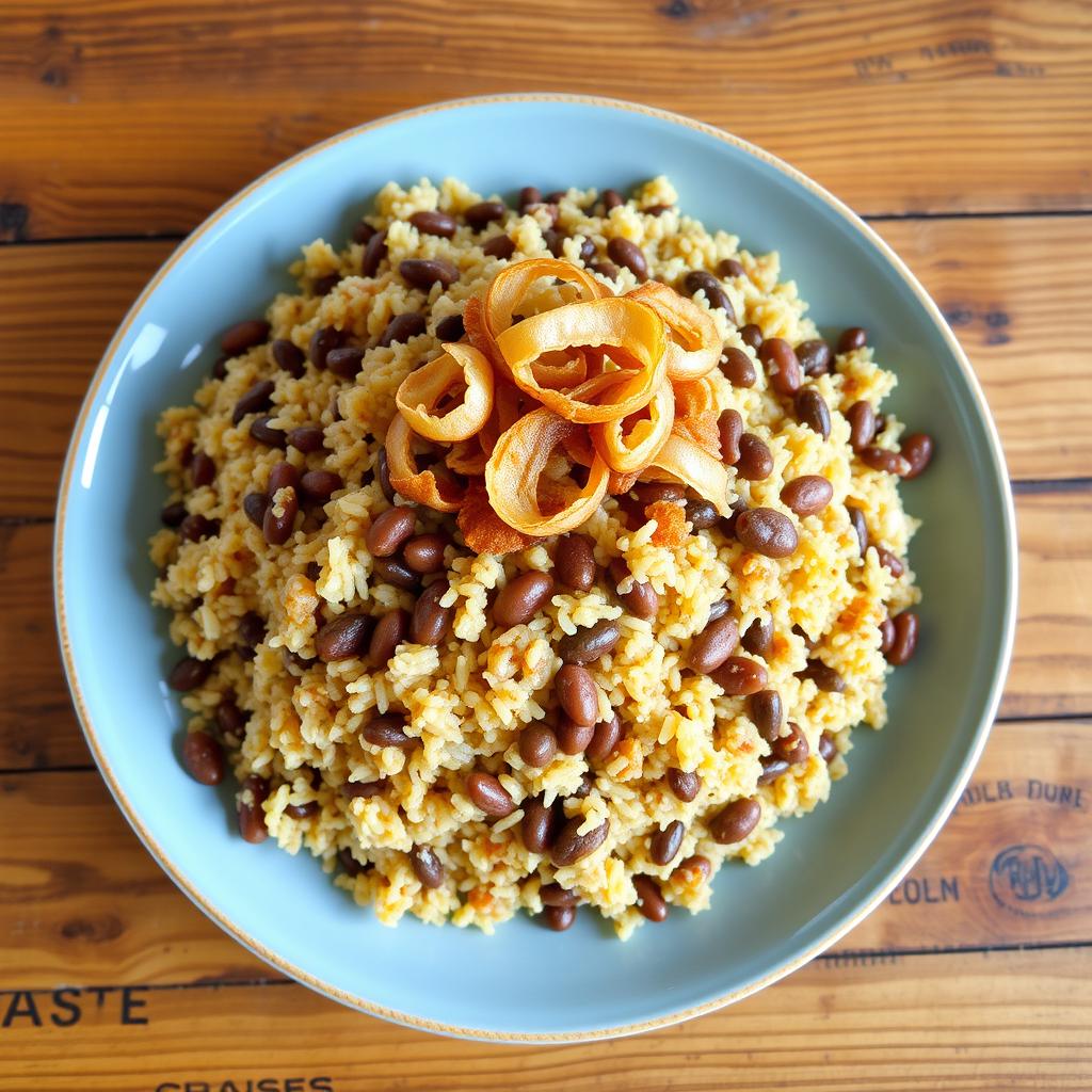 A delicious plate of cooked bulgur mixed with lentils, garnished with crispy fried onions on top