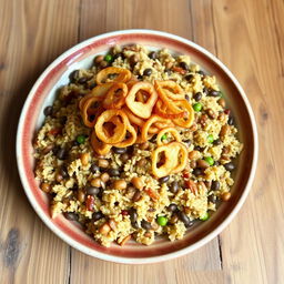 A delicious plate of cooked bulgur mixed with lentils, garnished with crispy fried onions on top