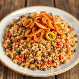 A delicious plate of cooked bulgur mixed with lentils, garnished with crispy fried onions on top