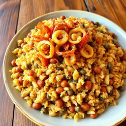 A delicious plate of cooked bulgur mixed with lentils, garnished with crispy fried onions on top