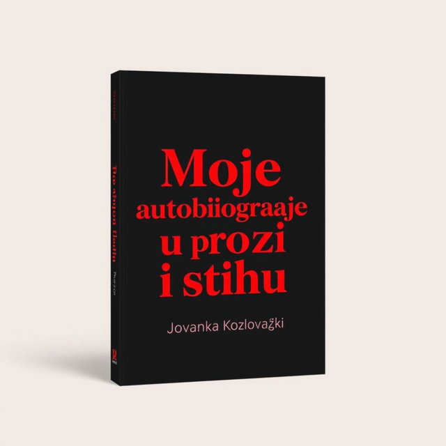 A sleek and elegant book cover design for 'Moje autobiografije u prozi i stihu' by Jovanka Kozlovački, inspired by Corita Kent