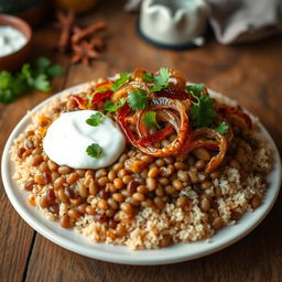 A delicious plate of Mujadara, showcasing layers of lentils and rice topped with perfectly caramelized onions, garnished with fresh parsley and served with a side of tangy yogurt