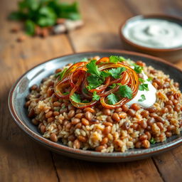A delicious plate of Mujadara, showcasing layers of lentils and rice topped with perfectly caramelized onions, garnished with fresh parsley and served with a side of tangy yogurt