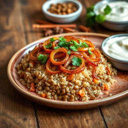 A delicious plate of Mujadara, showcasing layers of lentils and rice topped with perfectly caramelized onions, garnished with fresh parsley and served with a side of tangy yogurt
