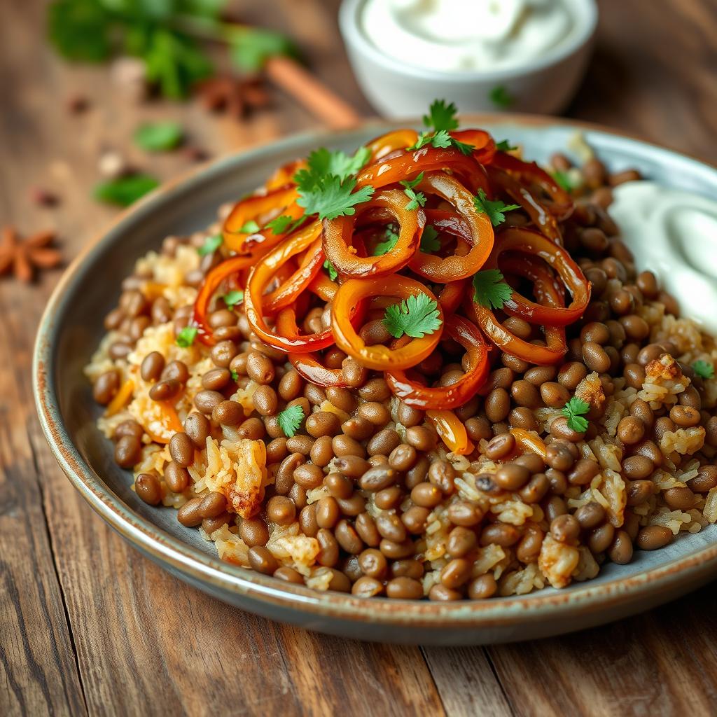 A delicious plate of Mujadara, showcasing layers of lentils and rice topped with perfectly caramelized onions, garnished with fresh parsley and served with a side of tangy yogurt