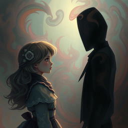 A dreamcore aesthetic scene featuring a girl face to face with a faceless taller man