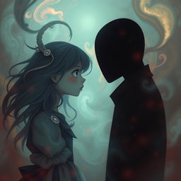 A dreamcore aesthetic scene featuring a girl face to face with a faceless taller man