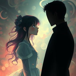 A dreamcore aesthetic scene featuring a girl face to face with a faceless taller man
