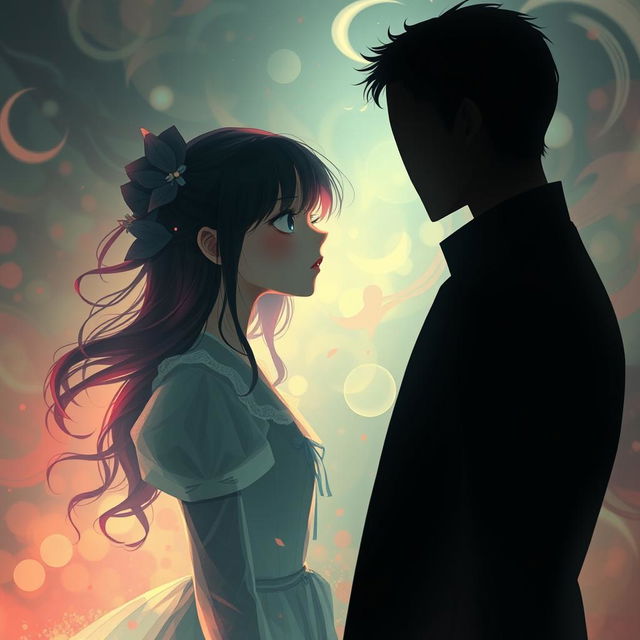 A dreamcore aesthetic scene featuring a girl face to face with a faceless taller man