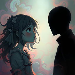 A dreamcore aesthetic scene featuring a girl face to face with a faceless taller man