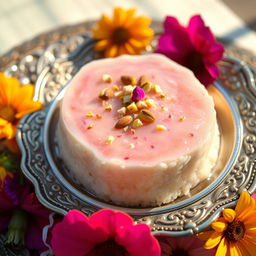 A beautifully crafted, traditional Persian dessert known as 'Shirini Sherkat', featuring layers of delicate rice pudding, topped with fragrant rose water, and garnished with crushed pistachios and almonds