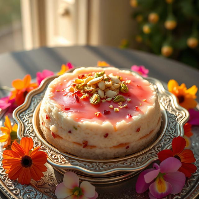 A beautifully crafted, traditional Persian dessert known as 'Shirini Sherkat', featuring layers of delicate rice pudding, topped with fragrant rose water, and garnished with crushed pistachios and almonds