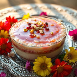A beautifully crafted, traditional Persian dessert known as 'Shirini Sherkat', featuring layers of delicate rice pudding, topped with fragrant rose water, and garnished with crushed pistachios and almonds