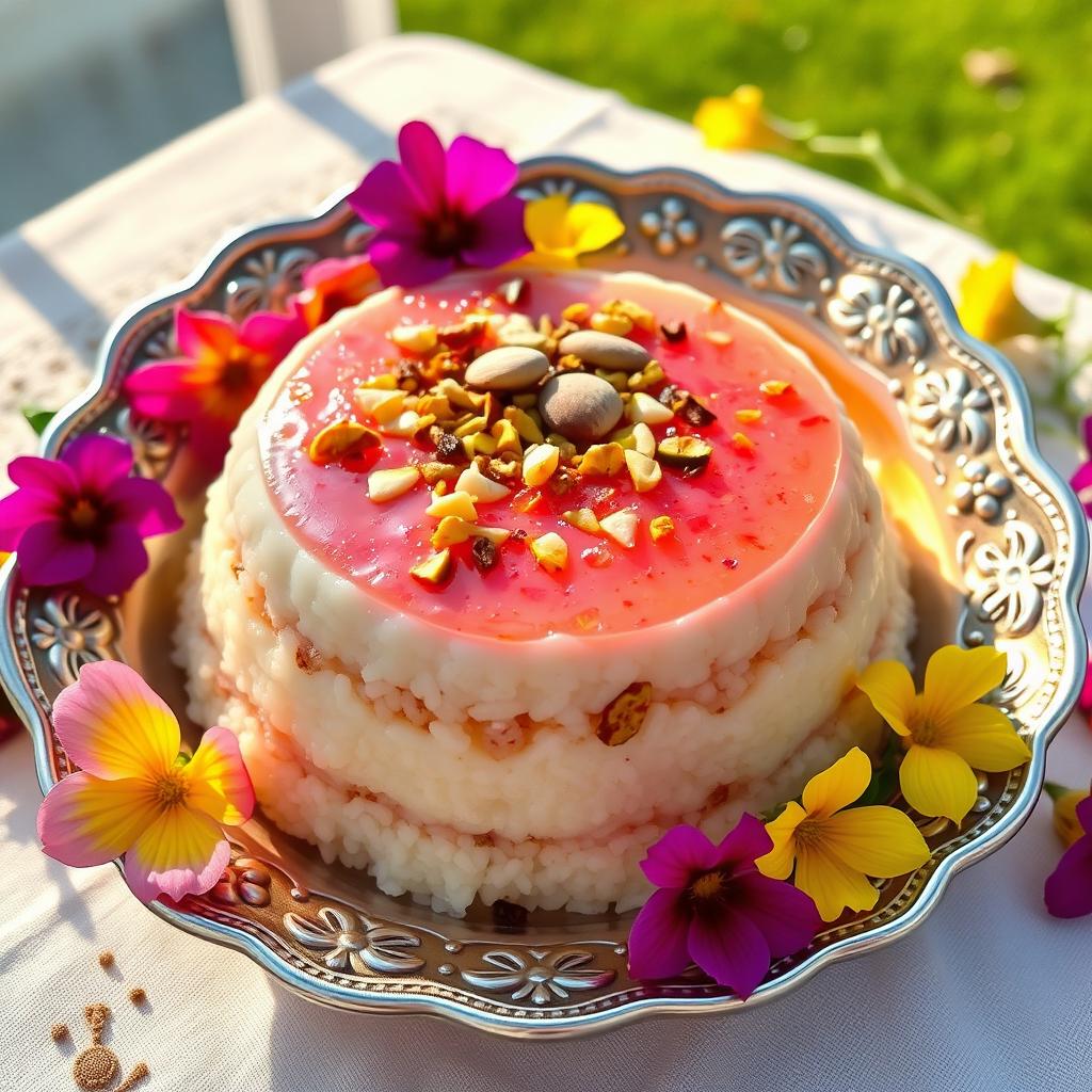 A beautifully crafted, traditional Persian dessert known as 'Shirini Sherkat', featuring layers of delicate rice pudding, topped with fragrant rose water, and garnished with crushed pistachios and almonds