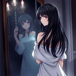 A stunning anime woman with long black hair and red eyes, standing in front of a mirror