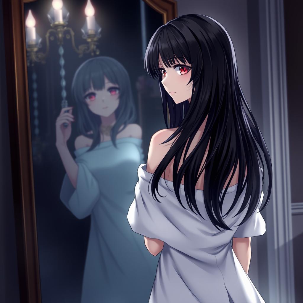 A stunning anime woman with long black hair and red eyes, standing in front of a mirror