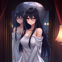A stunning anime woman with long black hair and red eyes, standing in front of a mirror