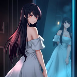 A stunning anime woman with long black hair and red eyes, standing in front of a mirror