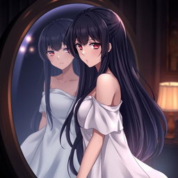 A stunning anime woman with long black hair and red eyes, standing in front of a mirror