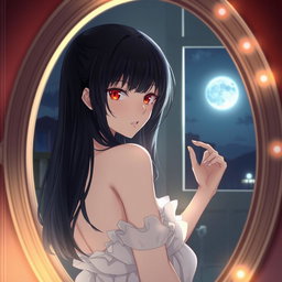 A stunning anime-style woman with long black hair and striking red eyes gazes into a mirror