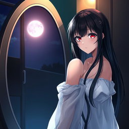 A stunning anime-style woman with long black hair and striking red eyes gazes into a mirror