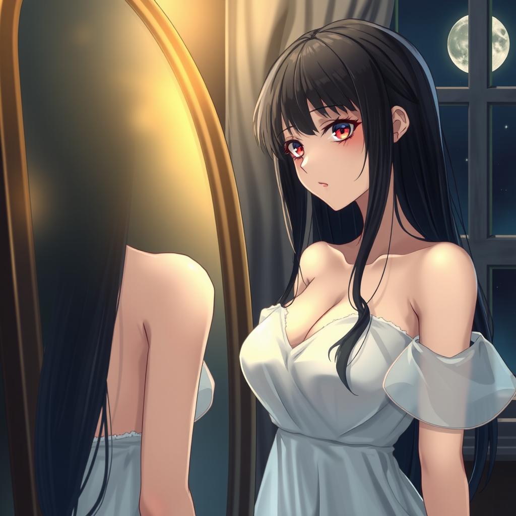 A stunning anime-style woman with long black hair and striking red eyes gazes into a mirror