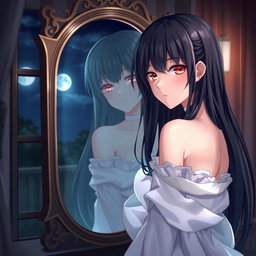 A stunning anime-style woman with long black hair and striking red eyes gazes into a mirror