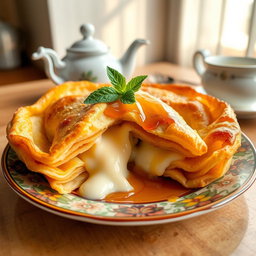 A beautifully arranged plate of Fteer, a traditional Middle Eastern pastry, showcasing its flaky, golden-brown layers