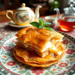 A beautifully arranged plate of Fteer, a traditional Middle Eastern pastry, showcasing its flaky, golden-brown layers