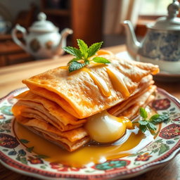 A beautifully arranged plate of Fteer, a traditional Middle Eastern pastry, showcasing its flaky, golden-brown layers