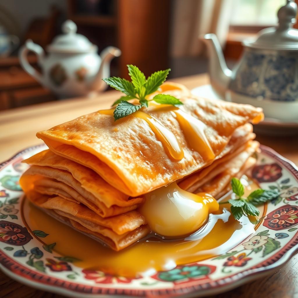 A beautifully arranged plate of Fteer, a traditional Middle Eastern pastry, showcasing its flaky, golden-brown layers