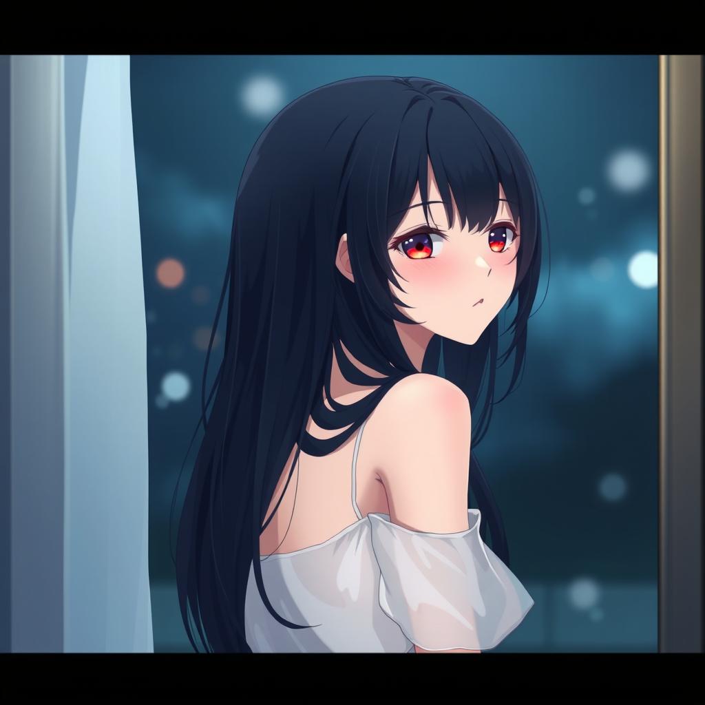 A woman with long black hair and red eyes in anime style, gazing into a mirror at night