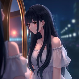 A woman with long black hair and red eyes in anime style, gazing into a mirror at night