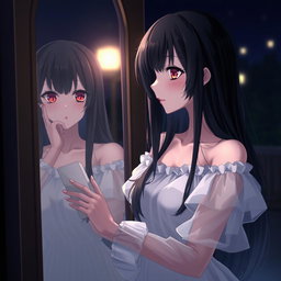 A woman with long black hair and red eyes in anime style, gazing into a mirror at night