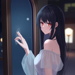 A woman with long black hair and red eyes in anime style, gazing into a mirror at night