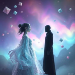 A dreamcore aesthetic scene featuring a girl face to face with a faceless taller man