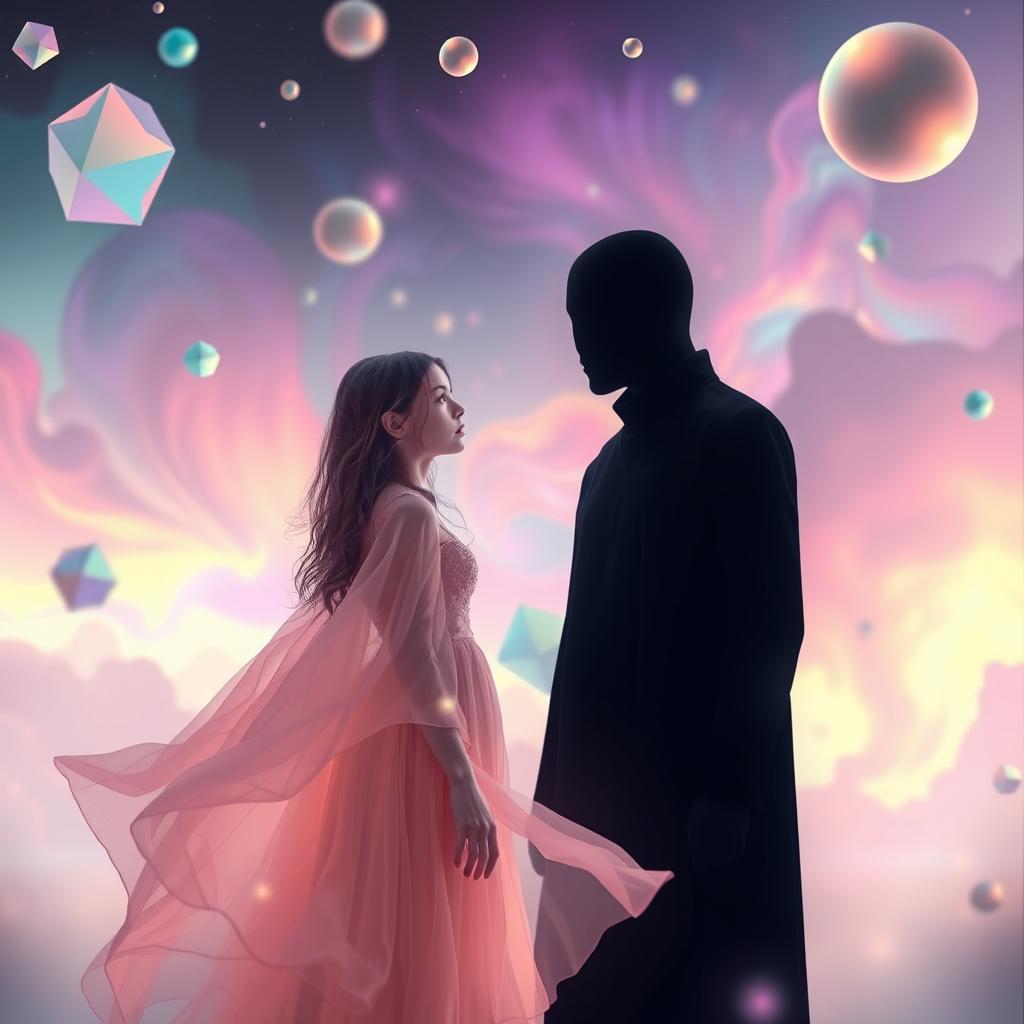 A dreamcore aesthetic scene featuring a girl face to face with a faceless taller man