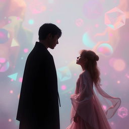 A dreamcore aesthetic scene featuring a girl face to face with a faceless taller man