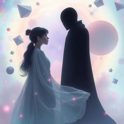 A dreamcore aesthetic scene featuring a girl face to face with a faceless taller man