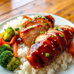 A beautifully plated teriyaki chicken dish, featuring tender, glazed chicken breast marinated in a rich teriyaki sauce, garnished with sesame seeds and finely chopped green onions